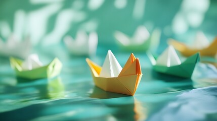 Colorful origami paper boats float gently on a serene teal surface, creating a playful atmosphere