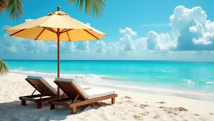 Obraz premium Relaxing beach scene with beach umbrella shading comfortable beds , cabana, water, sunshade