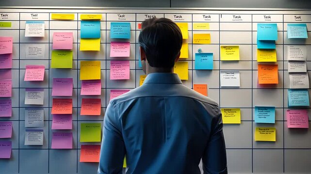 Business professional standing in front of a wall covered with colorful sticky notes, planning, organizing, and prioritizing tasks and goals.


