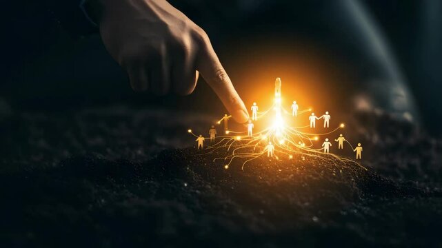 Hand Gently Nurturing a Growing Network of People Connected by Light A Symbol of Global Teamwork and Community Growth