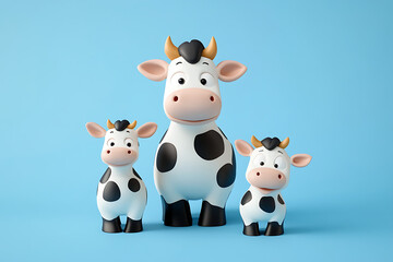 Obraz premium Three cartoon cows, a parent and two calves, standing together on a blue background, cheerful mood