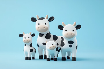 Obraz premium A playful scene featuring four cartoonish cows of varying sizes against a light blue background