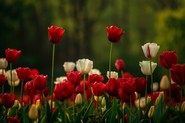 Obraz premium Beautiful red and white tulips blooming in a garden during a sunny spring day