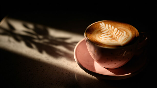 Pink cup with latte art, coffee in the morning sunlight.