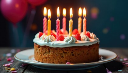 A delicious birthday cake with lit candles, ready to be celebrated , cake, celebration, frosting