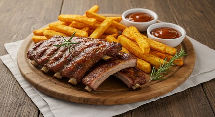 Ribs and Fries on Wood Plate