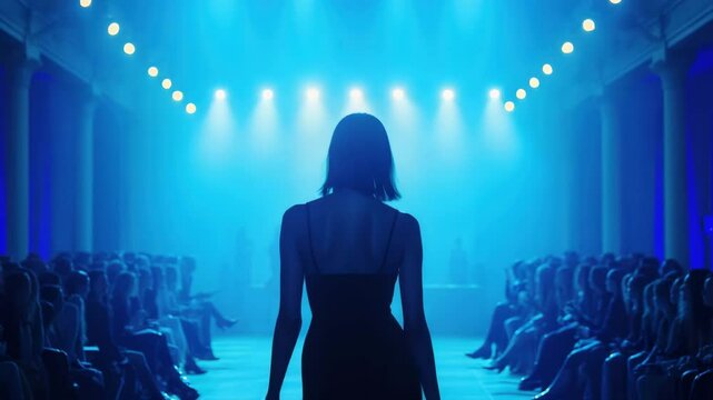 Woman model walking runway fashion show blue lights audience back view