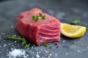 Raw tuna steak seasoned with salt, pepper and thyme with lemon slice on dark background