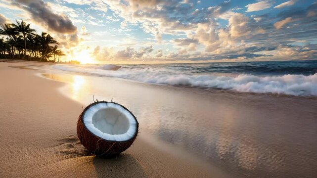 Tropical Beach Sunset Scene with Half Coconut on Sandy Shore A relaxing vacation paradise
