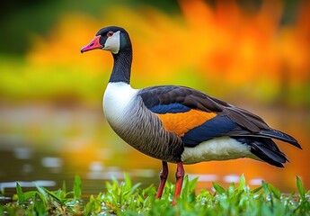 Obraz premium A colorful duck standing on one leg by water with a blurred warm-green background.