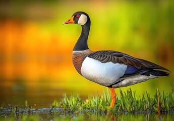 Fototapeta premium A colorful duck standing on one leg by water with a blurred warm-green background.