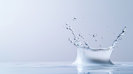 Water splash on calm surface creating ripples and droplets under soft light in minimalist style photography