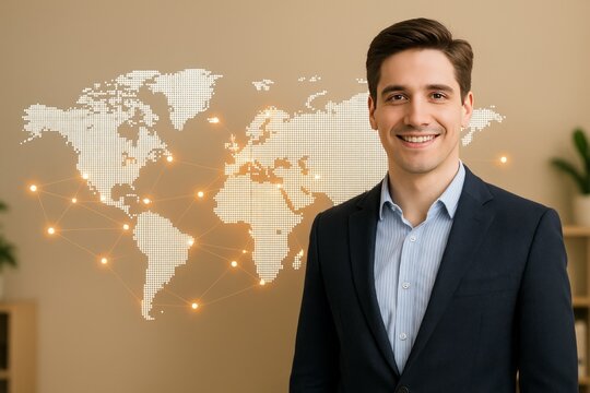 Smiling Businessman Global Network Connection World Map Background Happy Successful Entrepreneur International Corporate Portrait Professional Man Digital Marketing Technology Businessman Global Reach