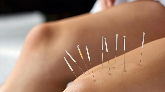 Acupuncture needles carefully inserted into skin, demonstrating precise traditional healing technique with focus on alternative medicine and holistic wellness approach