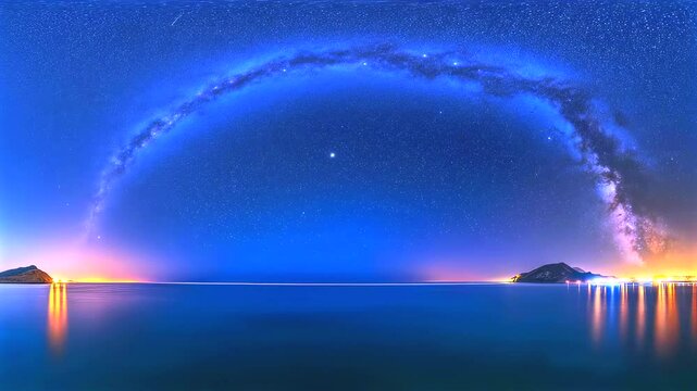 Panoramic starry sky arcs across tranquil reflective water, deep blue tones enhance cosmic atmosphere, stunning celestial view ideal for nature, astronomy, and meditation visuals.