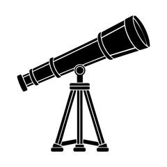 Illustration of a black telescope on a tripod stand for observing stars and celestial objects in space