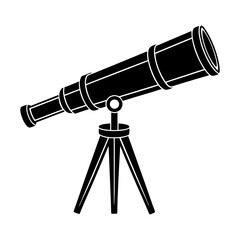 A black and white illustration of a telescope on a tripod for astronomical observations and exploration