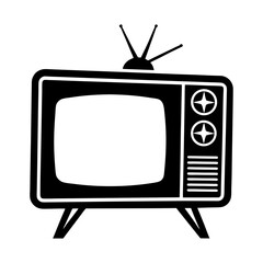 Illustration of a retro television set with antenna and star shaped control knobs in black and white