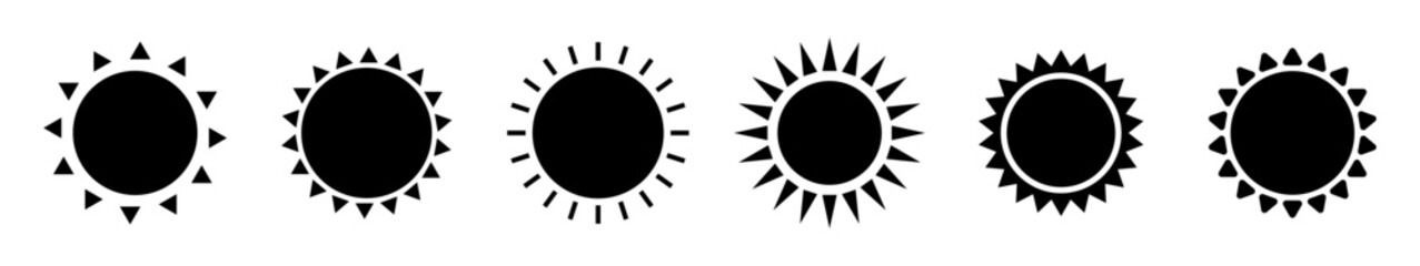 Sun silhouette, Simple sun icons collection, sunshine and solar glow, morning, sunrise or sunset. Sun vector set. Vector illustration.