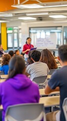 Fototapeta premium A dynamic classroom scene featuring a student presenter engaging with peers. The learning environment encourages active participation and collaboration among students from diverse backgrounds.
