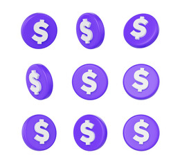 3d Purple circular buttons with a white dollar symbol in the center. 3D Illustration.
