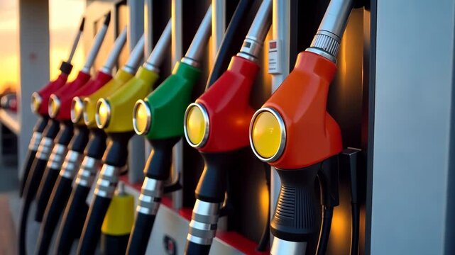 Fuel gun at the gas station. Car refueling in the city. Fuel supply to the tank. diesel fuel.