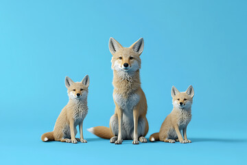 Family of three foxes sitting together against a vibrant blue background, showcasing their playful nature