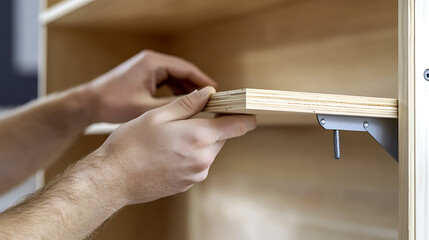 Obraz premium Installing a Shelf in a Wooden Cabinet