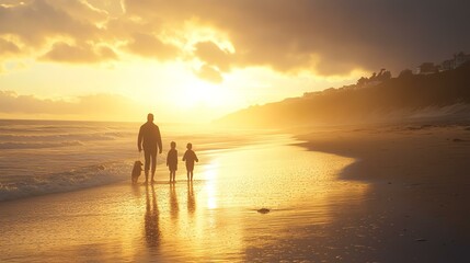 Fototapeta premium A man and a child are walking along a sandy beach. The scene evokes a peaceful moment by the sea.