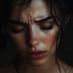 Distressed woman crying with tears on her face and wet hair with her eyes closed in a dark atmosphere expressing emotion