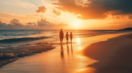 Fototapeta premium A couple enjoys a romantic sunset walk along the beach. The warm light of the setting sun illuminates their peaceful stroll.