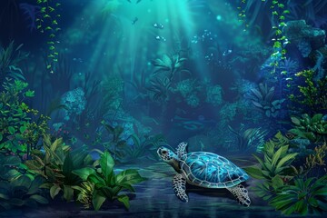 Fototapeta premium Sunbeams illuminating a beautiful underwater landscape with a sea turtle swimming among green plants