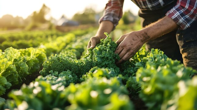 A man is harvesting lettuce in a field.