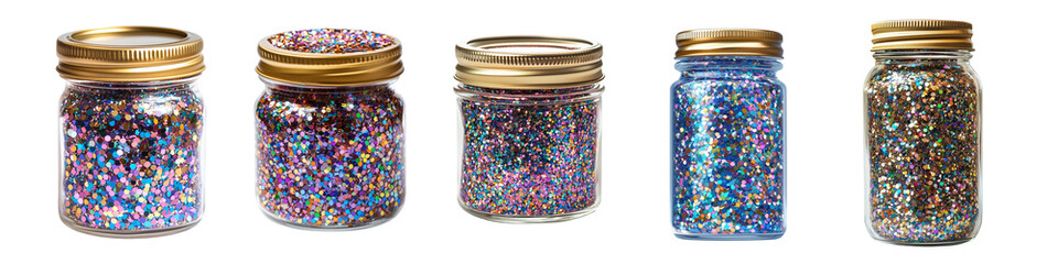 A set of tightly sealed jar filled with shimmering glitter isolated on a transparent background