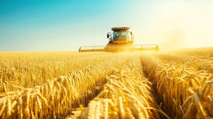 A combine harvester is working in a field of ripe wheat. The scene depicts agricultural labor and the harvest season.