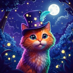 Fototapeta premium Cute Orange Kitten in Magical Top Hat, Night Scene