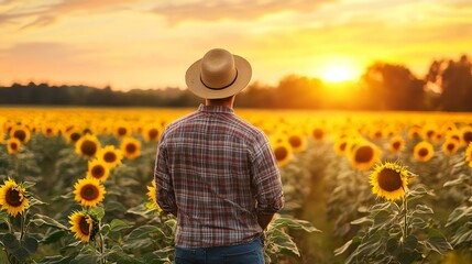 Fototapeta premium A man wearing a hat stands amidst a vibrant field of sunflowers. The scene captures a solitary figure immersed in a sea of yellow blooms.