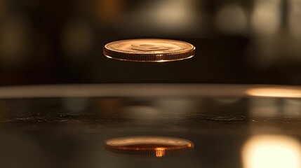 Copper coin floats, reflection shimmers below.