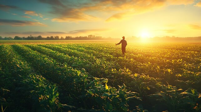 A lone man stands in a field, silhouetted against the warm hues of a setting sun. The scene evokes a sense of solitude and peacefulness.