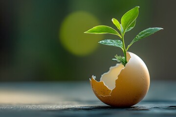 New life concept depicted with a green plant emerging from a broken eggshell on a rustic surface
