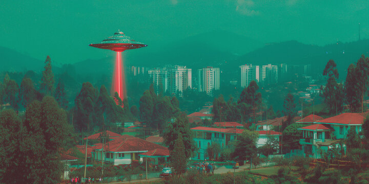 Fototapeta Silver UFO hovers above a retro urban landscape with red rooftops, vintage colour photo shot. Surreal cinematic tone evokes 60s sci-fi film aesthetics and alien invasion fantasy. Ultra wide wallpaper