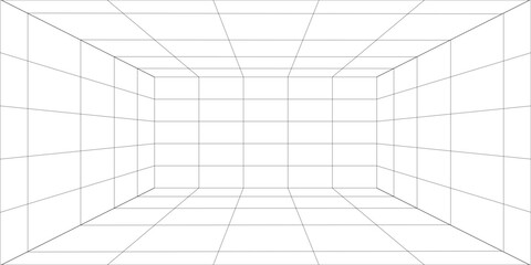 Empty futuristic digital box room white background with black grid space line color surface. Network cyber technology. banner, cover, terrain, sci-fi, wireframe, and related to background.