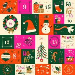 Cute hand drawn Christmas advent calendar. Lovely doodle drawings, vector design