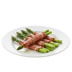 Fresh asparagus wrapped in savory bacon served on a white plate