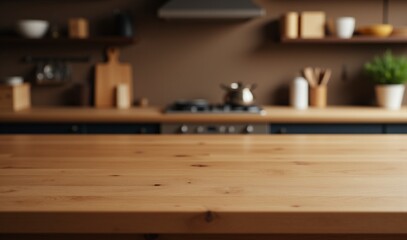 Flawless wooden surface in the foreground with a cozy, blurred kitchen behind, illuminated evenly by natural light to bring out its rich texture.