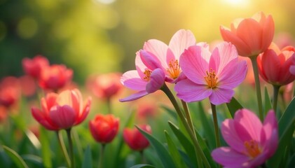 Naklejka premium Vibrant spring blossoms in a lush garden Sunlight filters through petals , soft, orange, wildlife