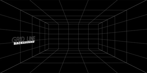 Empty futuristic digital box room grey-black background with white grid space line color surface. Network cyber technology. banner, cover, terrain, sci-fi, wireframe, and related to background.