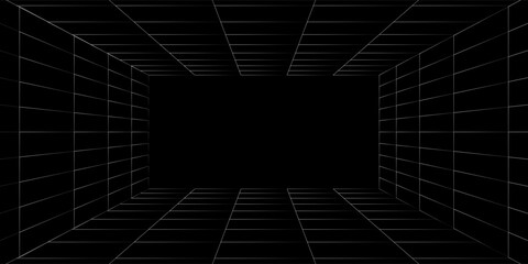 Futuristic perspective grid box. Abstract wireframe with white grid line on black background. Virtual reality landscape in 80s 90s digital style. Vector illustration.