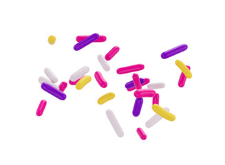 Bright and colorful candy sprinkles scattered and floating in mid-air, 3d illustration