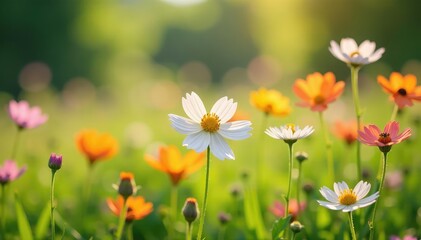 Obraz premium Fragile wildflowers bloom in a sun-drenched meadow, showcasing delicate beauty against a backdrop of vibrant green , pastel, peaceful, blossom